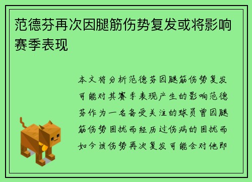 范德芬再次因腿筋伤势复发或将影响赛季表现 范德芬再次因腿筋伤势复发或将影响赛季表现