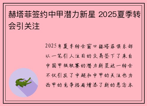 赫塔菲签约中甲潜力新星 2025夏季转会引关注 赫塔菲签约中甲潜力新星 2025夏季转会引关注